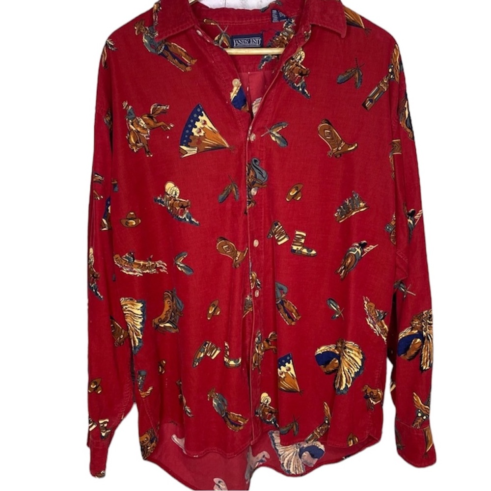 Lands End Corduroy Cowboy Indian Print Button Up